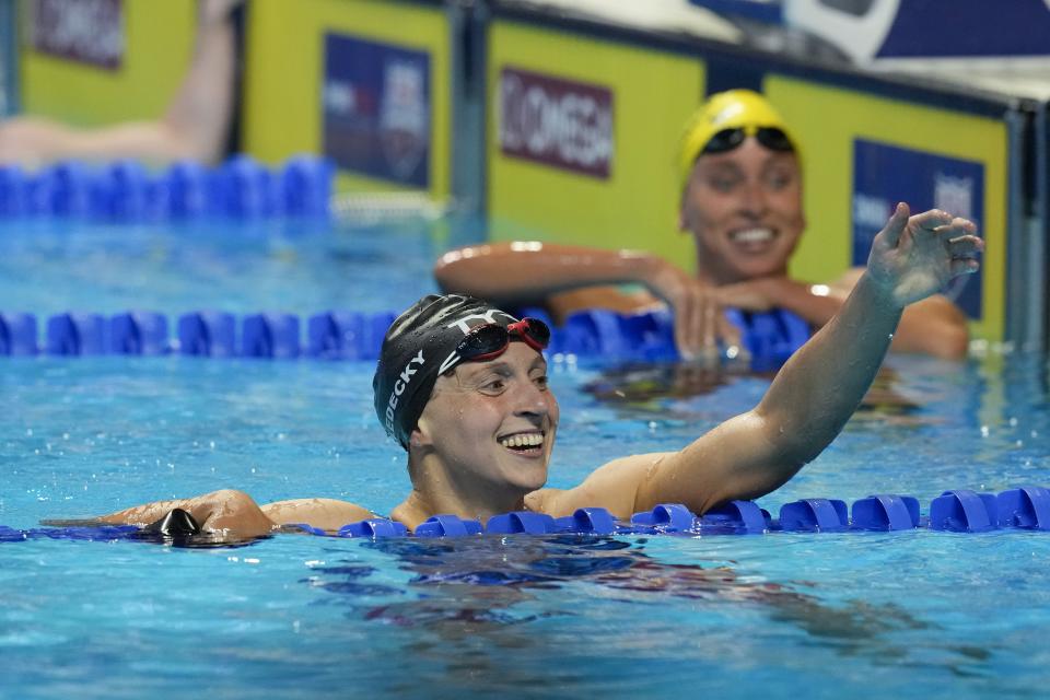 Katie Ledecky reacts after winning the Women's 400 Freestyle during wave 2 of the U.S. Olympic Swim Trials on Monday, June 14, 2021, in Omaha, Neb. (AP Photo/Charlie Neibergall)