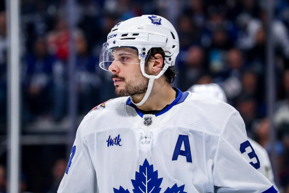 WINNIPEG, CANADA - JANUARY 27: Auston Matthews #34 of the Toronto Maple Leafs looks on during a third period stoppage in play against the Winnipeg Jets at the Canada Life Centre on January 27, 2024 in Winnipeg, Manitoba, Canada. (Photo by Darcy Finley/NHLI via Getty Images)