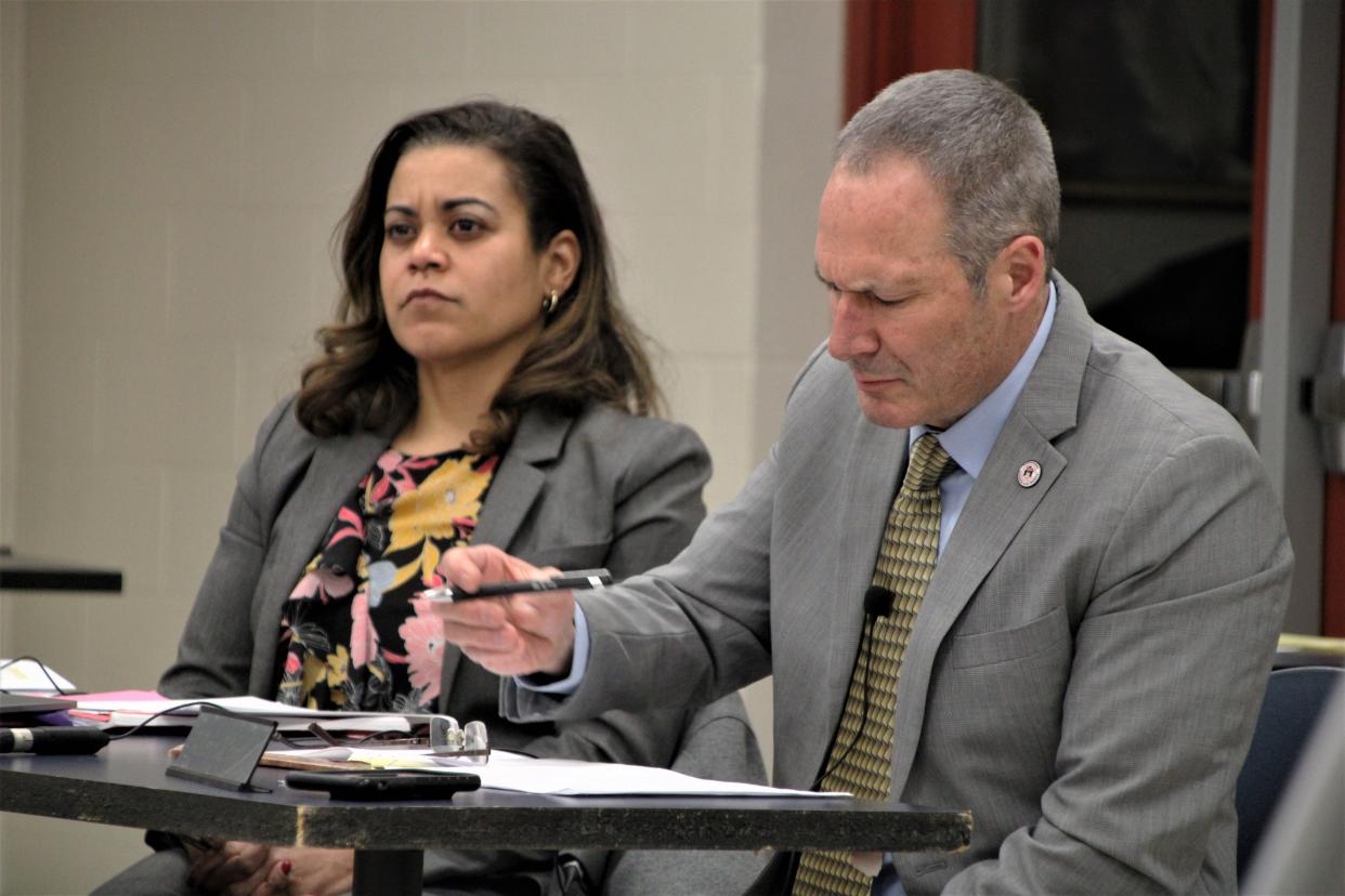 Olympia Della Flora, left, has been appointed to be the new superintendent of Marion City Schools. The school board voted 3-2 on Monday, Jan. 23, 2023, to offer her a 3-year contract. She will begin her term as superintendent on Aug. 1, 2023. She is shown seated next to interim Superintendent Steve Mazzi during Monday's meeting.