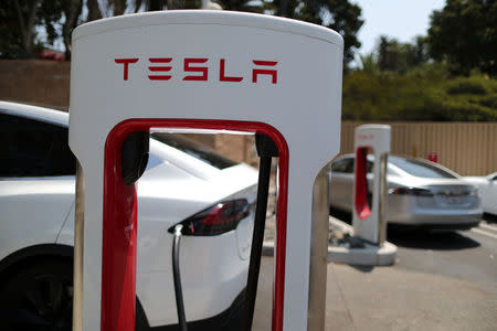 A Tesla electric car supercharger station is seen in Los Angeles, California, U.S. August 2, 2018. REUTERS/Lucy Nicholson/Files