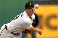 Pittsburgh Pirates starting pitcher Mitch Keller delivers during the first inning of the team's baseball game against the Detroit Tigers in Pittsburgh, Monday, April 8, 2024. (AP Photo/Gene J. Puskar)