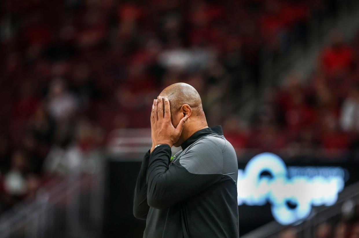 Louisville head coach Kenny Payne reacts during the second half of the Cards' 71-54 loss to Virginia Tech.