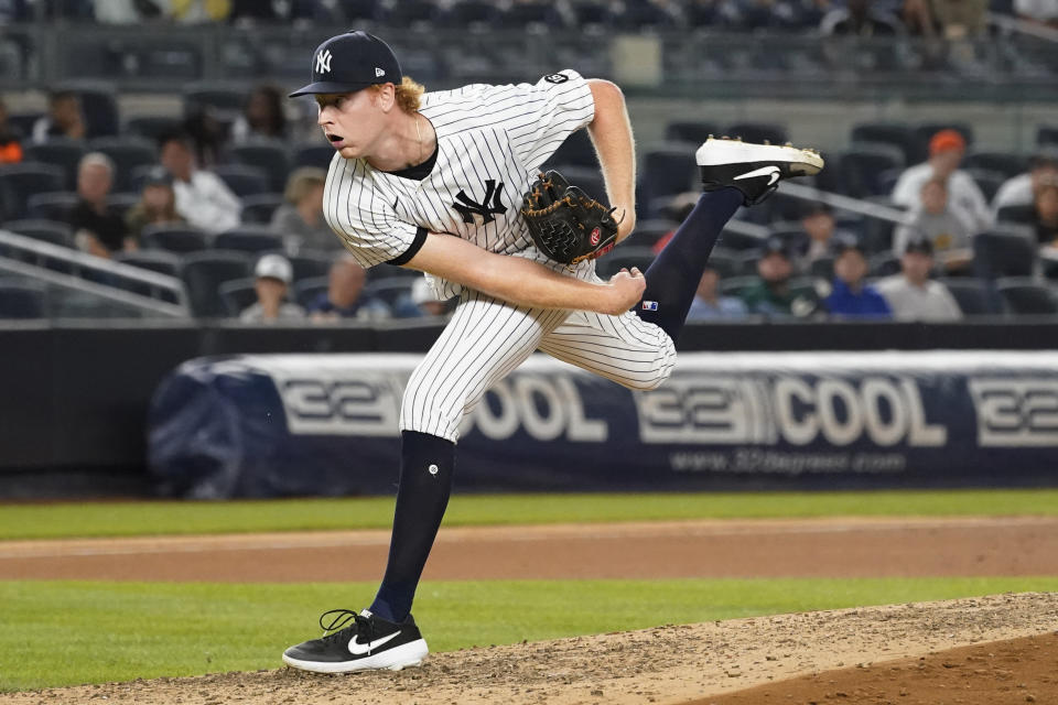 New York Yankees' pitcher Stephen Ridings delivers in the seventh inning of the team's baseball game against the Baltimore Orioles, Tuesday, Aug. 3, 2021, in New York. (AP Photo/Mary Altaffer)