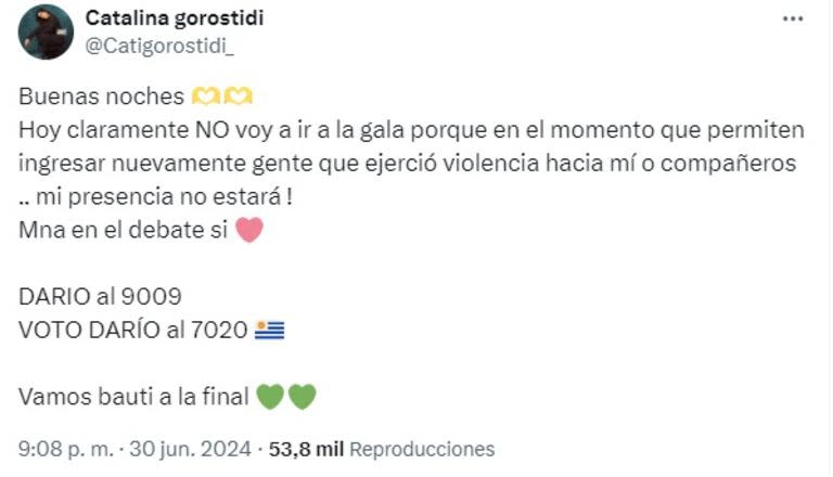 El mensaje de Catalina y su decisión de no estar presente en la gala de eliminación