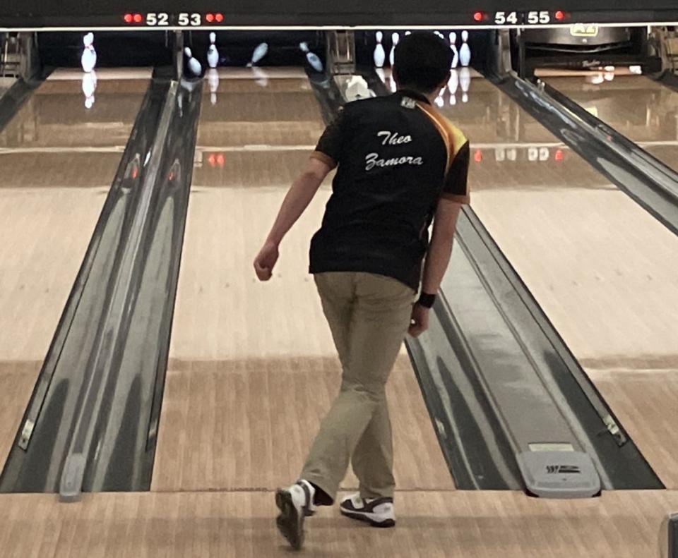 NJSIAA individual bowling finals at Bowlero North Brunswick on Thursday, Feb. 29, 2024. Theo Zamora of Bergen Tech sends pins flying as he tries to convert a spare.