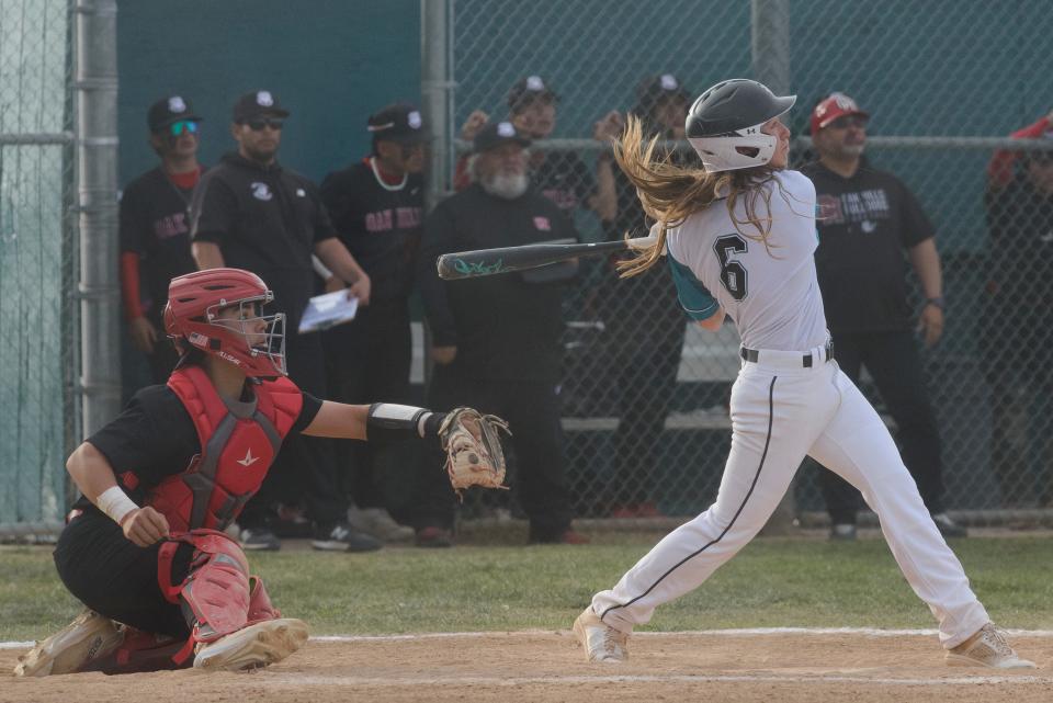 Sultana’s LJ Borrego hits a home run during the sixth inning against Oak Hills on Tuesday, April 11, 2023. Sultana defeated Oak Hills 7-5.