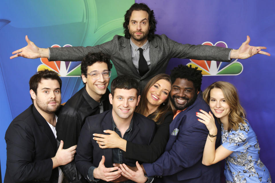 The NBCUniversal Press Tour for 'Undateable' in January 2015 featuring (L-R) David Fynn, Rick Glassman, Brent Morin, Chris D'Elia (top), Bianca Kajlich, Ron Funches, Bridgit Mendler.