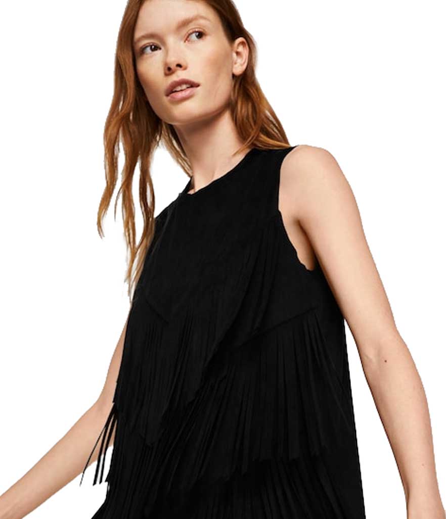 Black fringe mini dress.