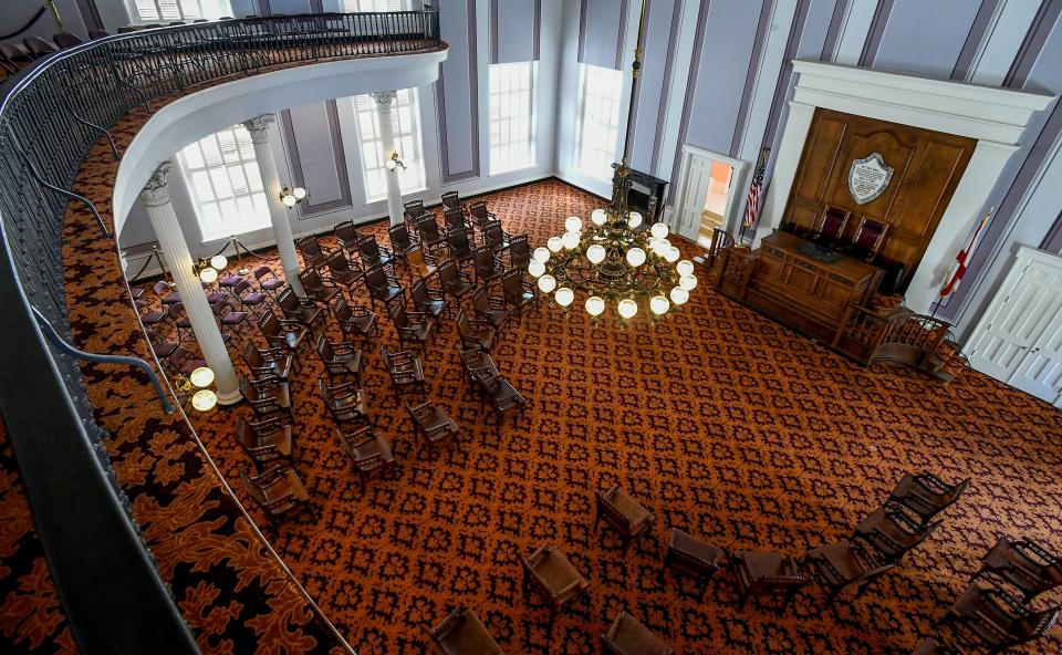 The historic House Chamber, located in the Alabama State Capitol Building in Montgomery, Ala., is shown on Wednesday January 19, 2022. The chamber hosted the 1901 Alabama constitutional convention, which aimed to take the vote from Black Alabamians and poor whites.