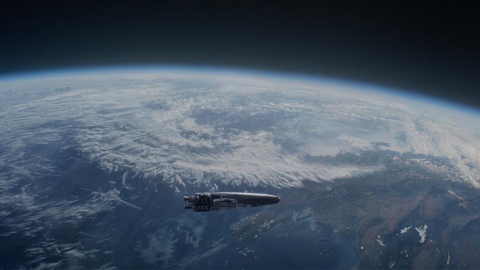 Still from the T.V. show For All Mankind (season 4, episode 1). Wide shot of a sleek space shuttle zooming past Earth.