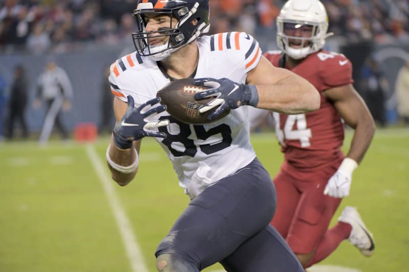 Chicago Bears tight end Cole Kmet (85) makes a catch before getting injured in the second half against the Arizona Cardinals on Sunday at Soldier Field in Chicago. Photo by Mark Black/UPI