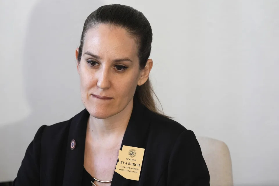 Arizona state Sen. Eva Burch, D-Phoenix, pauses before answering a question as she talks about her decision to have an abortion during an interview at her Capitol office Tuesday, March 19, 2024, in Phoenix. The lawmaker says she plans to have an abortion after learning that her pregnancy is not viable, making the announcement on the state Senate floor Monday, according to the Arizona Republic. (AP Photo/Ross D. Franklin)