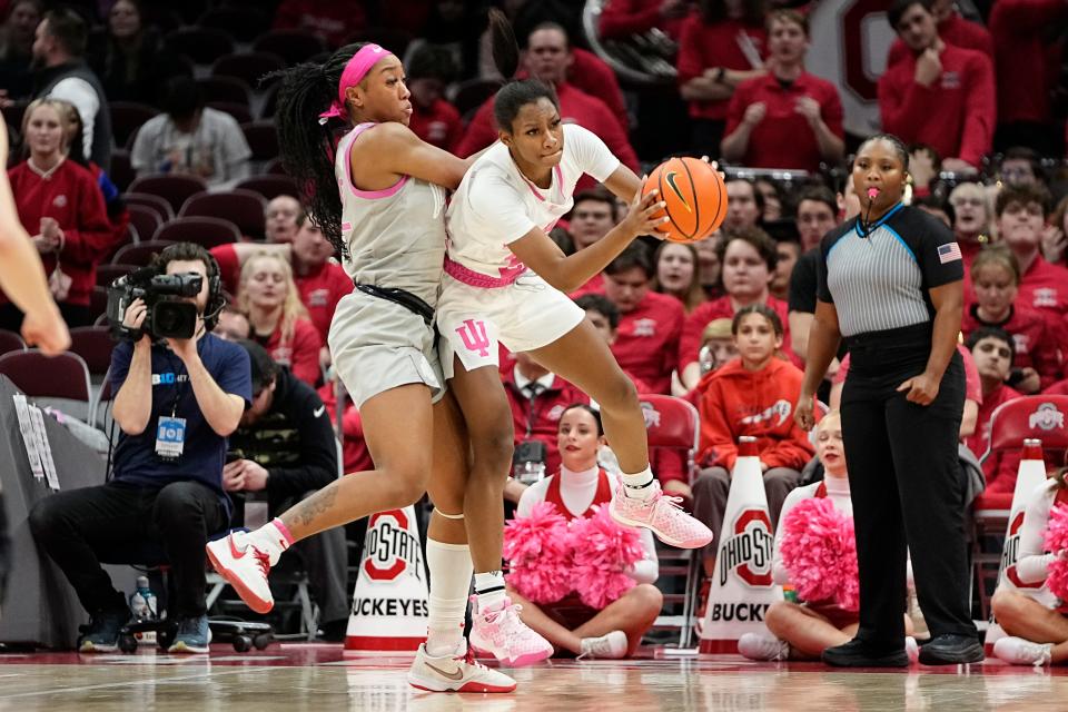 Ohio State freshman Cotie McMahon, seen here in Monday's loss to Indiana, had her first career double-double Thursday by scoring 17 points and grabbing 11 rebounds in OSU's win over Penn State.