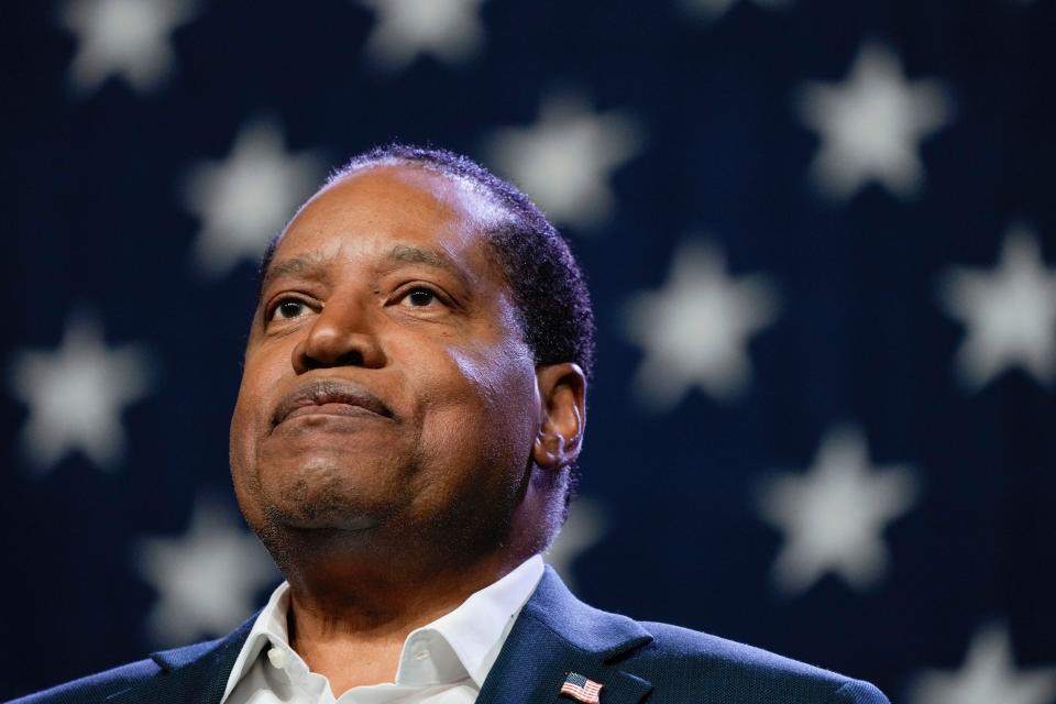 Republican presidential candidate radio show host Larry Elder speaks at the Republican Party of Iowa's 2023 Lincoln Dinner in Des Moines, Iowa, Friday, July 28, 2023. (AP Photo/Charlie Neibergall)