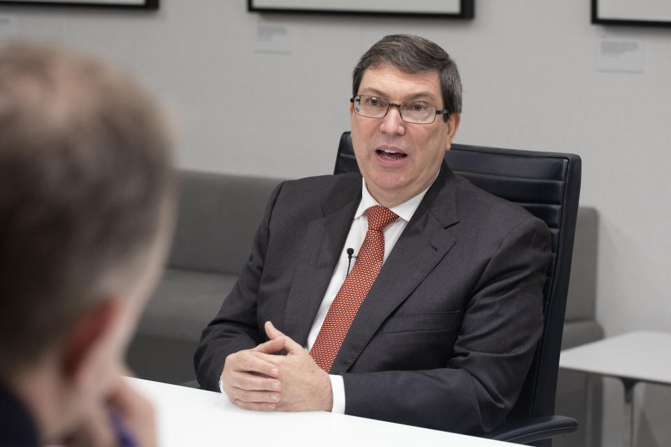 Cuban Foreign Minister Bruno Rodriguez Parrilla talks during an interview with The Associated Press, Tuesday, Oct. 1, 2019 in New York. The foreign minister says he believes improvements in relations with the United States are irreversible despite the Trump administration's hardening of the embargo on the island. (AP Photo/Mark Lennihan)