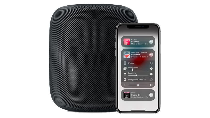  Apple HomePod being controlled by the app on an iPhone. 