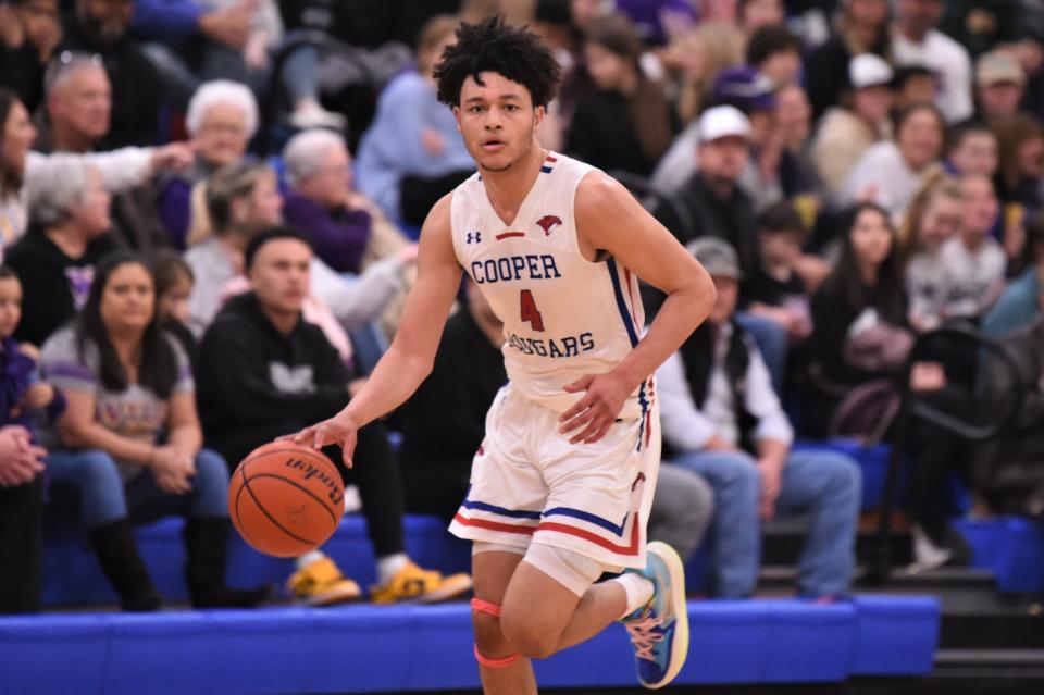 Cooper's Jaelyn Rivera (4) brings the ball down the court during Friday's Southtown Showdown against Wylie at Cougar Gym on Jan. 21, 2022. The Cougars led almost the entire game before pulling away late in the fourth quarter to win 54-41.