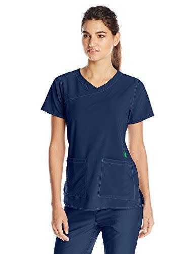 1) Carhartt Women's Cross-Flex Yneck Scrub Top, Navy, X-Large