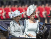 <p>Riding side by side for the 2018 Trooping the Colour, the Duchess of Cambridge and Duchess of Cornwall were perfectly matched in ice blue outfits and hats. Kate opted for an Alexander McQueen dress with a decorative Juliette Botterill hat, while Camilla wore a silk dress and coat by Bruce Oldfield and a hat by Philip Treacy.<br>Photo: Getty </p>