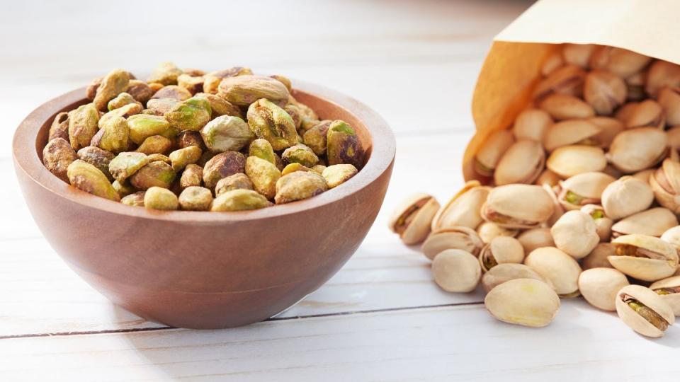 roasted and salted pistachios in a bowl