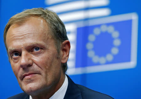 European Council President Donald Tusk attends a news conference during an EU summit in Brussels in this August 30, 2014 file photo. REUTERS/Yves Herman/Files