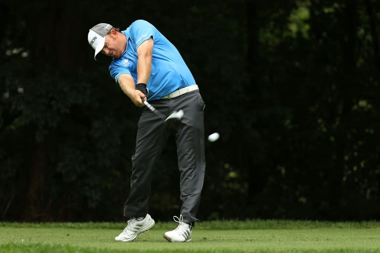 J.B. Holmes hits his tee shot on the second hole during the second round of the BMW Championship, at Crooked Stick Golf Club in Carmel, Indiana, on September 9, 2016