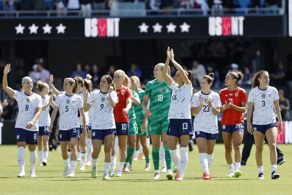 The United States team celebrates a win against Wales during a FIFA Women's World Cup send-off soccer match in San Jose, Calif., Sunday, July 9, 2023. (AP Photo/Josie Lepe)
