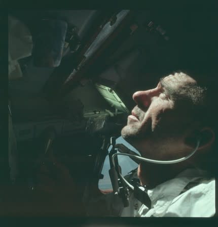 Astronaut Walter Cunningham, Apollo 7 lunar module pilot, is photographed during the Apollo 7 mission in this NASA handout photo