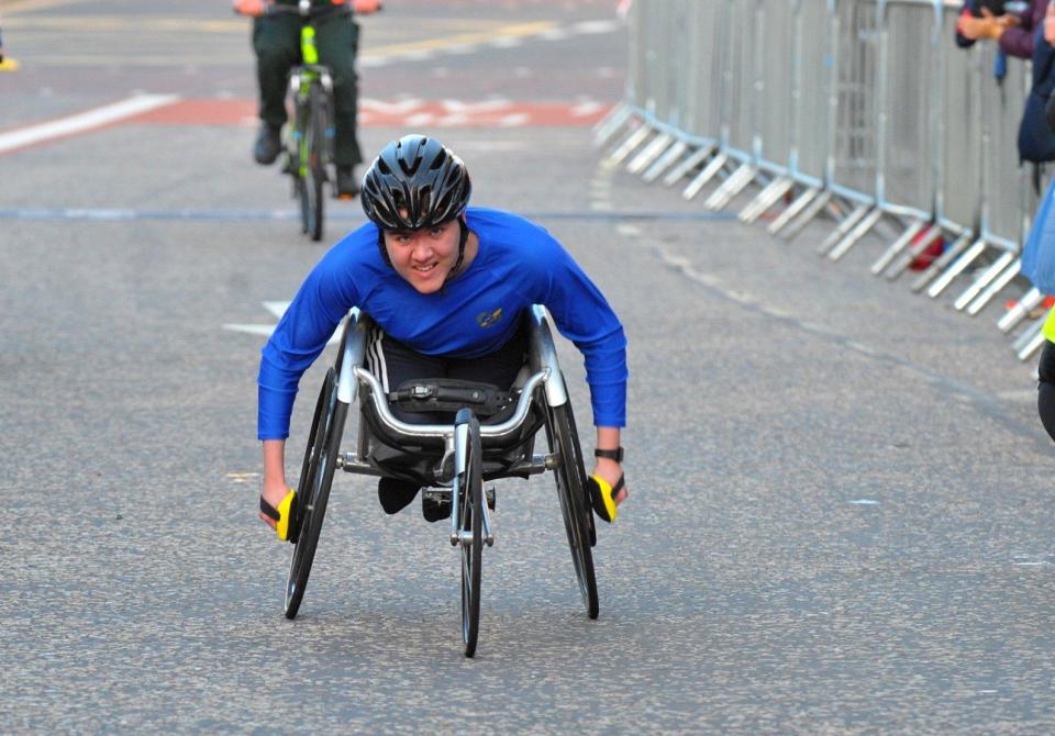 Oliver Burrows, winner of the wheelchair race. (pic by Steve Riding)