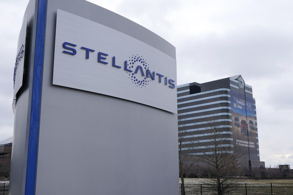 FILE - The Stellantis sign is seen outside the Chrysler Technology Center in Auburn Hills, Mich, Jan. 19, 2021. Stellantis CEO Carlos Tavares on Wednesday, July 26, 2023 dangled the possibility of relaunching a shuttered Illinois factory if it can be made more competitive as the United Auto Workers Union threatens a strike. (AP Photo/Carlos Osorio, File)