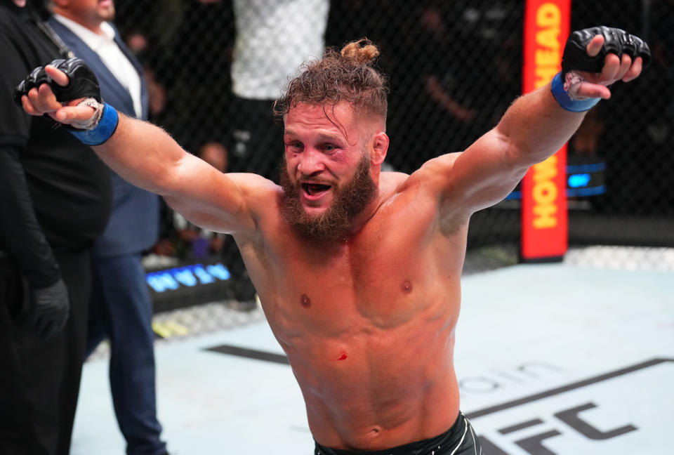 LAS VEGAS, NEVADA - JULY 09: Rafael Fiziev of Kazakstan celebrates after his knockout victory over Rafael Dos Anjos of Brazil in their lightweight fight during the UFC Fight Night event at UFC APEX on July 09, 2022 in Las Vegas, Nevada. (Photo by Chris Unger/Zuffa LLC)