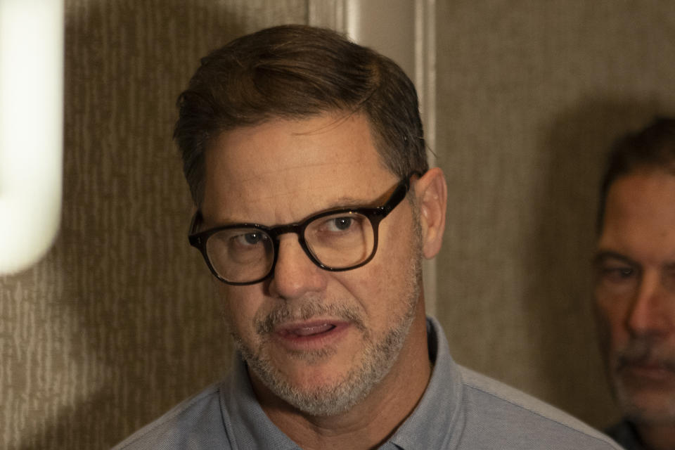 Toronto Blue Jays general manager Ross Atkins responds to questions during a news conference at the Major League Baseball winter meetings Tuesday, Dec. 5, 2023, in Nashville, Tenn. (AP Photo/George Walker IV)