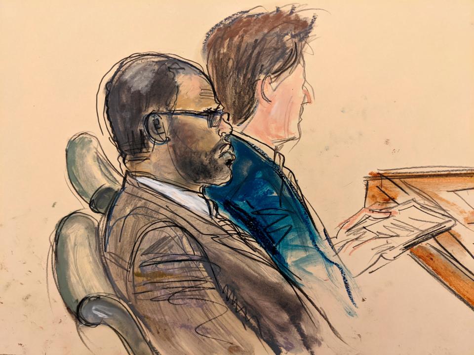 In this courtroom artist's sketch made from a video screen monitor, R. Kelly listens during the opening day of his federal trial on Aug. 18, 2021, in New York.