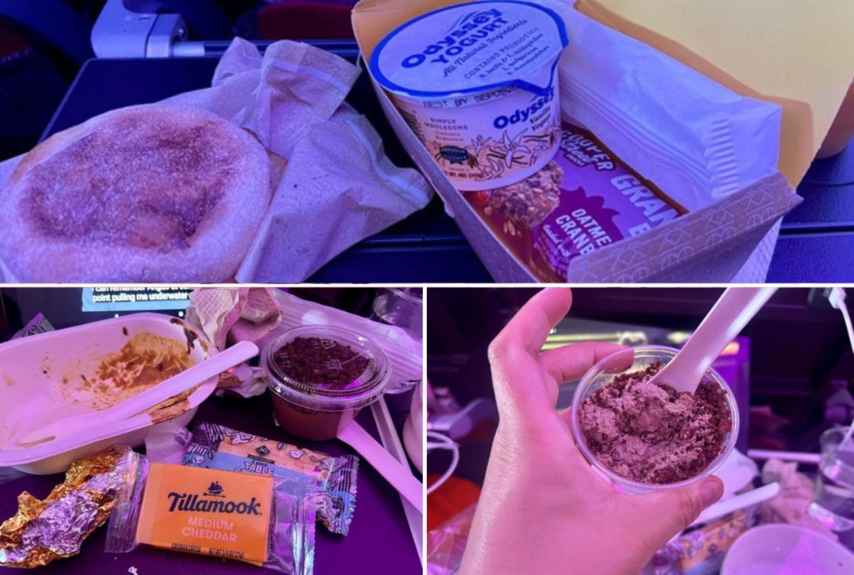 Virgin's breakfast sandwich, chicken dish, and chocolate pudding in a photo collage.