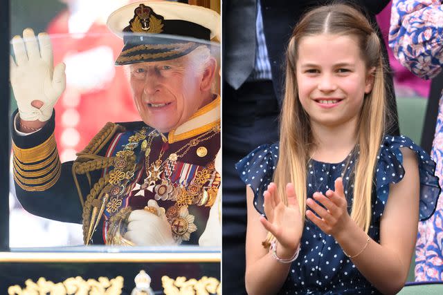 <p>Samir Hussein/WireImage; Karwai Tang/WireImage</p> (Left) King Charles travels by carriage from the Houses of Parliament in London on July 17, 2024; (Right) Princess Charlotte in the Royal Box at Wimbledon on July 14, 2024.