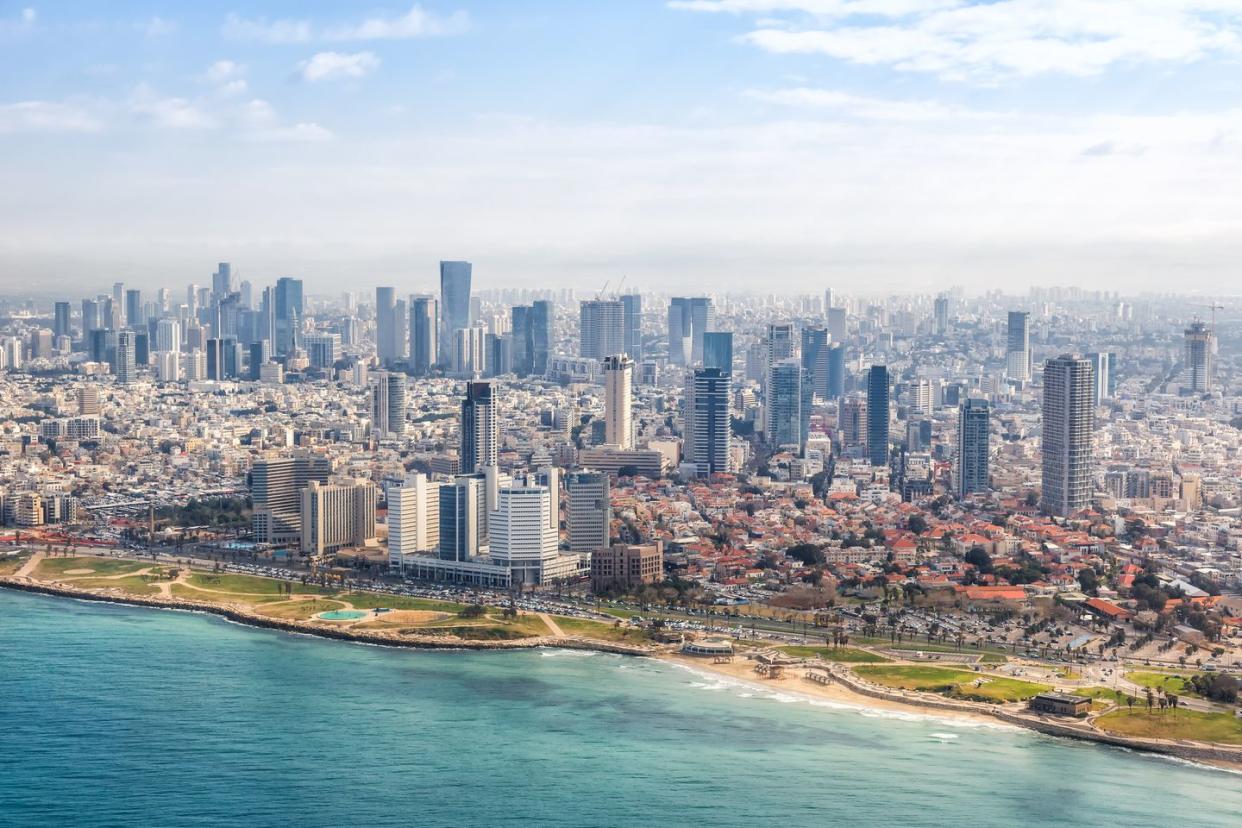 tel aviv skyline beach aerial view photo israel city mediterranean sea skyscrapers