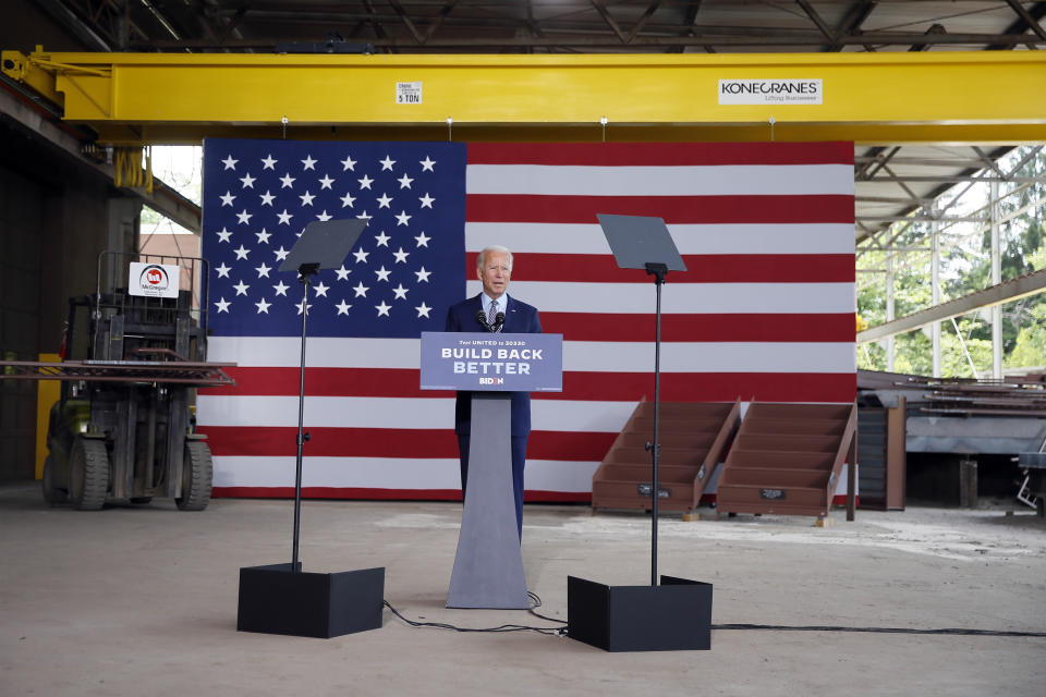 Democratic presidential candidate former Vice President Joe Biden speaks at McGregor Industries in Dunmore, Pa., Thursday, July 9, 2020. (AP Photo/Matt Slocum)