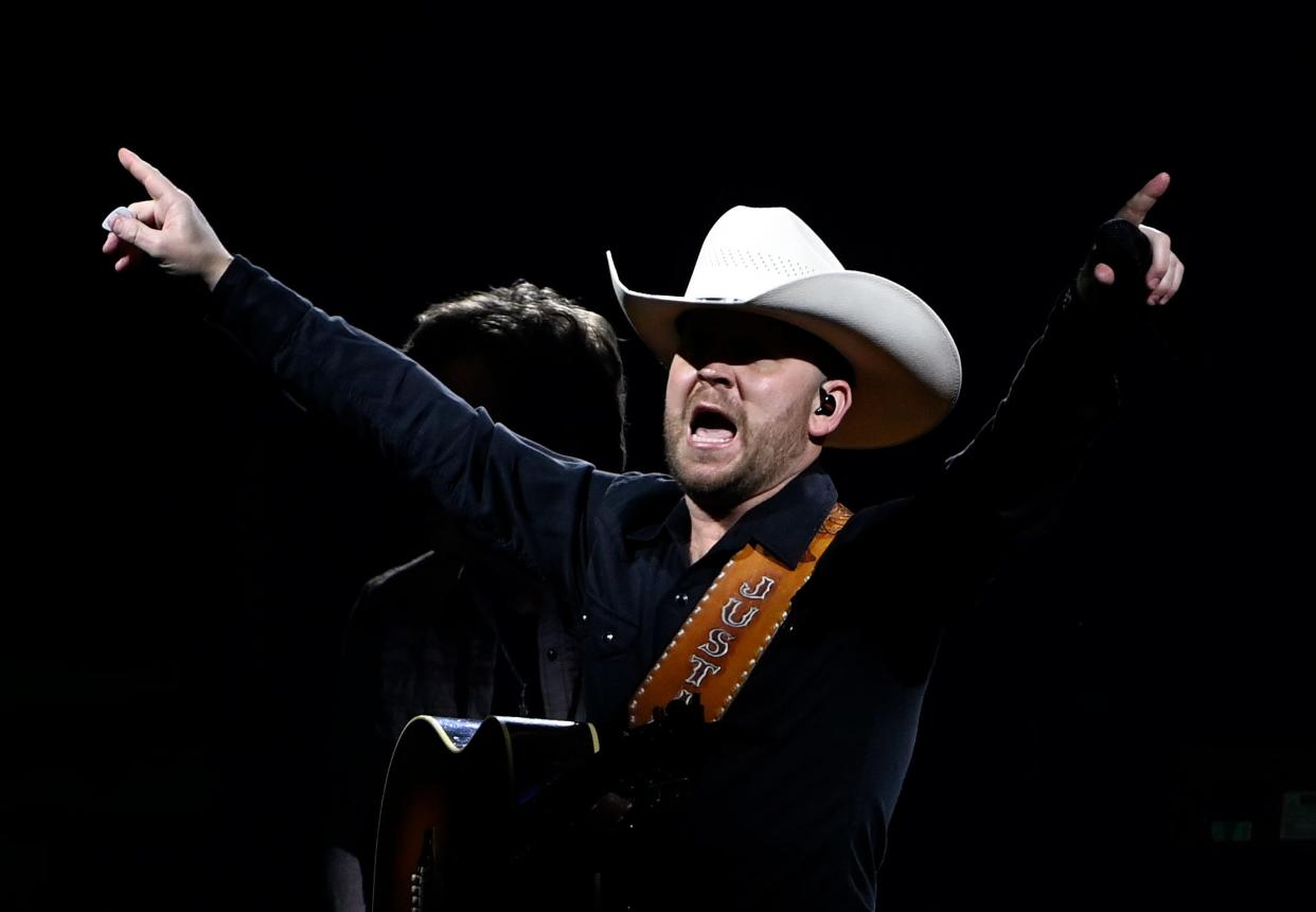 Justin Moore performs at Bridgestone Arena on Friday, Feb. 2, 2024, in Nashville, Tenn.