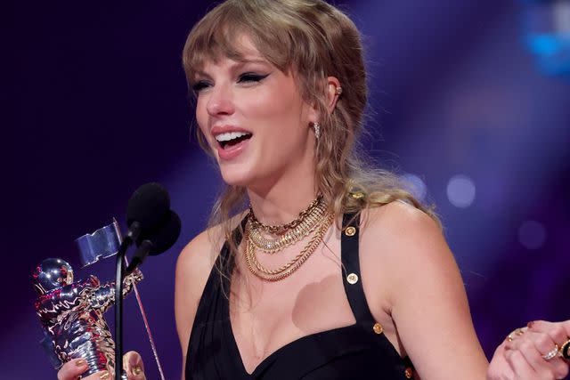 <p>Kevin Mazur/Getty </p> Taylor Swift at the MTV VMAs in Newark, New Jersey on Sept. 12, 2023