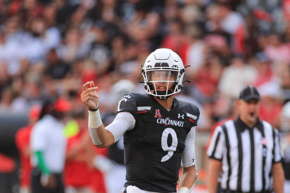 Cincinnati quarterback Desmond Ridder could make some money with a big showing at Indiana. (Photo by Ian Johnson/Icon Sportswire via Getty Images)