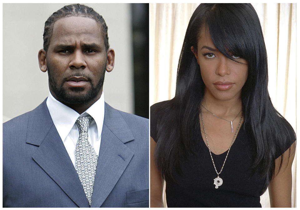 This combination photo shows singer R. Kelly after the first day of jury selection in his child pornography trial at the Cook County Criminal Courthouse in Chicago on May 9, 2008, left, the late R&B singer and actress Aaliyah during a photo shoot in New York on May 9, 2001. Kelly served as the lead songwriter and producer for Aaliyah’s 1994 debut album, “Age Ain't Nothing but a Number.” (AP Photo)