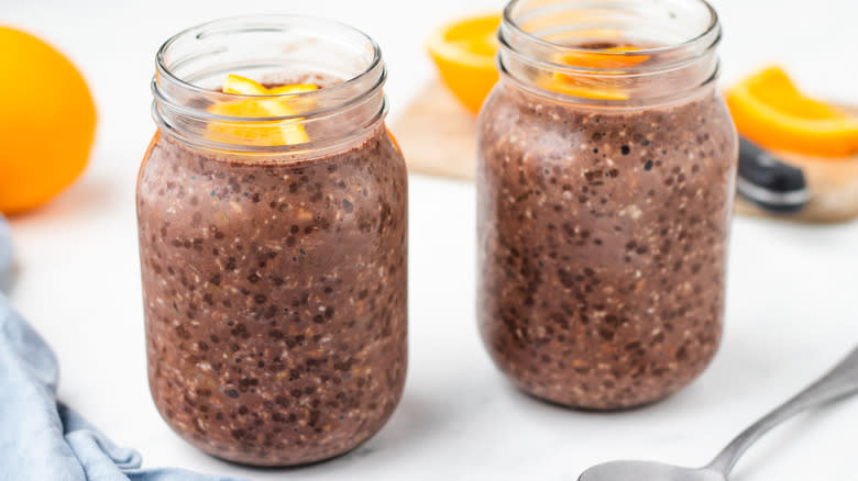 Two jars of chocolate orange overnight oats