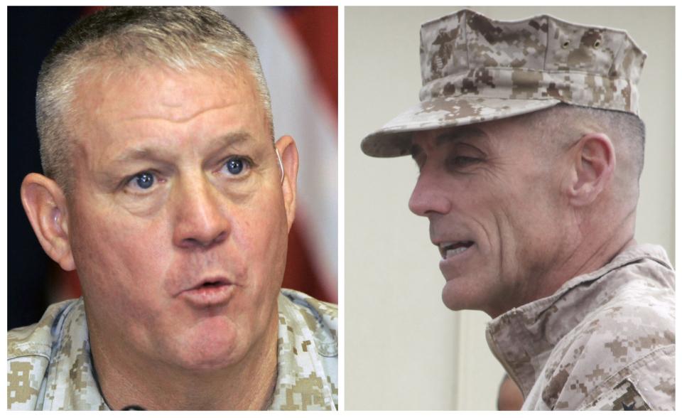 A combination photo shows U.S. Marine Corps Major General Gregg A. Sturdevant (R) in Afghanistan on November 22, 2012 and Major General Charles Gurganus in Iraq on May 13, 2007. Sturdevant and Gurganus were effectively fired by the head of the Marines Corp on September 30, 2013 over their failure to defend a major base in Afghanistan from a deadly Taliban attack last year, in an extraordinary and rare public censure. REUTERS/Sabah Arar/Pool/Files (left image) and Sgt. Keonaona C. Paulo/U.S. Marine Corps/Handout via Reuters (right image) (MILITARY POLITICS) ATTENTION EDITORS - THE IMAGE ON THE RIGHT WAS CROPPED FROM A PICTURE PROVIDED BY A THIRD PARTY. FOR EDITORIAL USE ONLY. NOT FOR SALE FOR MARKETING OR ADVERTISING CAMPAIGNS