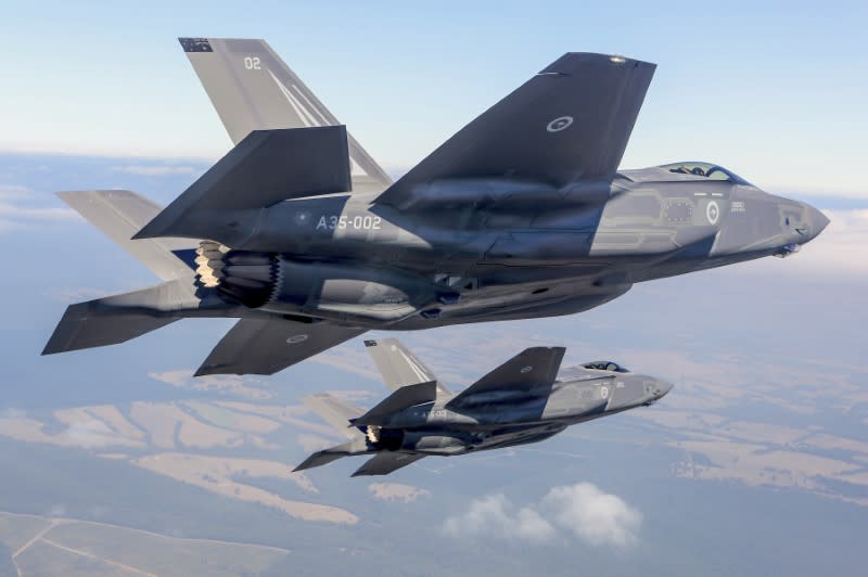 Two Lockheed Martin Corp F-35 stealth fighter jets flies during a display at the Avalon Airshow in Victoria, Australia, March 3, 2017.</p>
<p>Australian Defence Force/Handout via REUTERS     