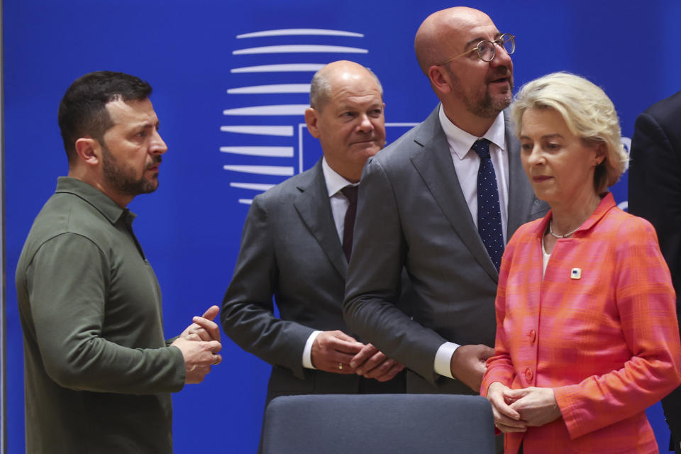 From left, Ukraine's President Volodymyr Zelenskyy, Germany's Chancellor Olaf Scholz, European Council President Charles Michel and European Commission President Ursula von der Leyen during a round table meeting at an EU summit in Brussels, Thursday, June 27, 2024. European Union leaders are expected on Thursday to discuss the next EU top jobs, as well as the situation in the Middle East and Ukraine, security and defence and EU competitiveness. (Olivier Hoslet, Pool Photo via AP)