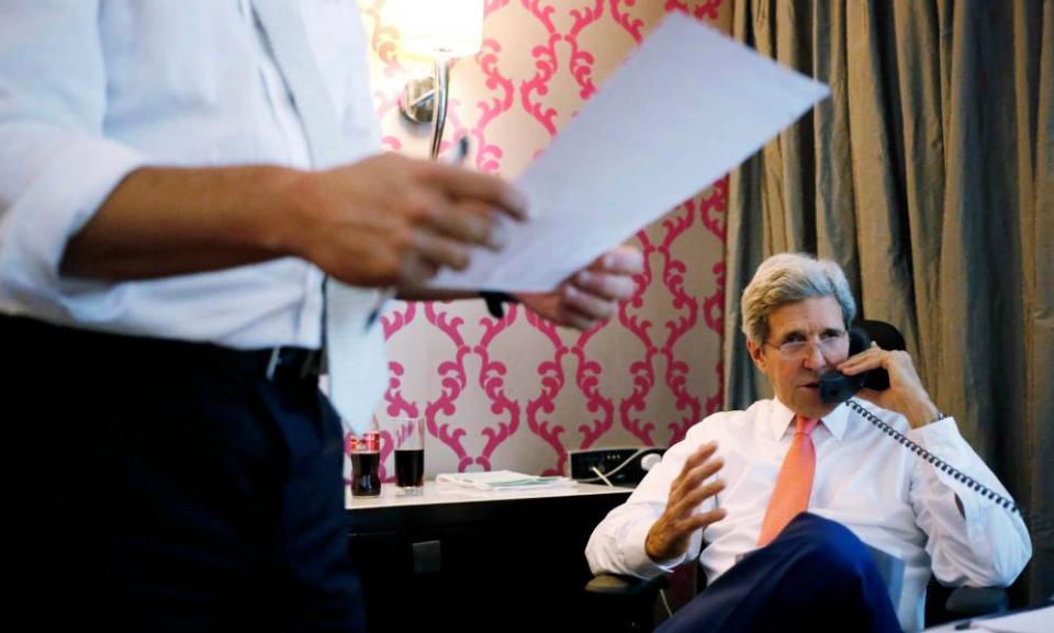 Then US secretary of state, John Kerry, on the phone to Israeli prime minister, Benjamin Netanyahu, from his hotel suite in Cairo, Egypt, in July 2014.