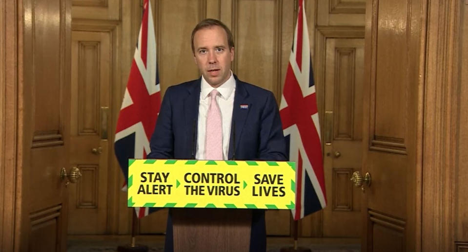 Screen grab of Health Secretary Matt Hancock during a media briefing in Downing Street, London, on coronavirus (COVID-19). (Photo by PA Video/PA Images via Getty Images)