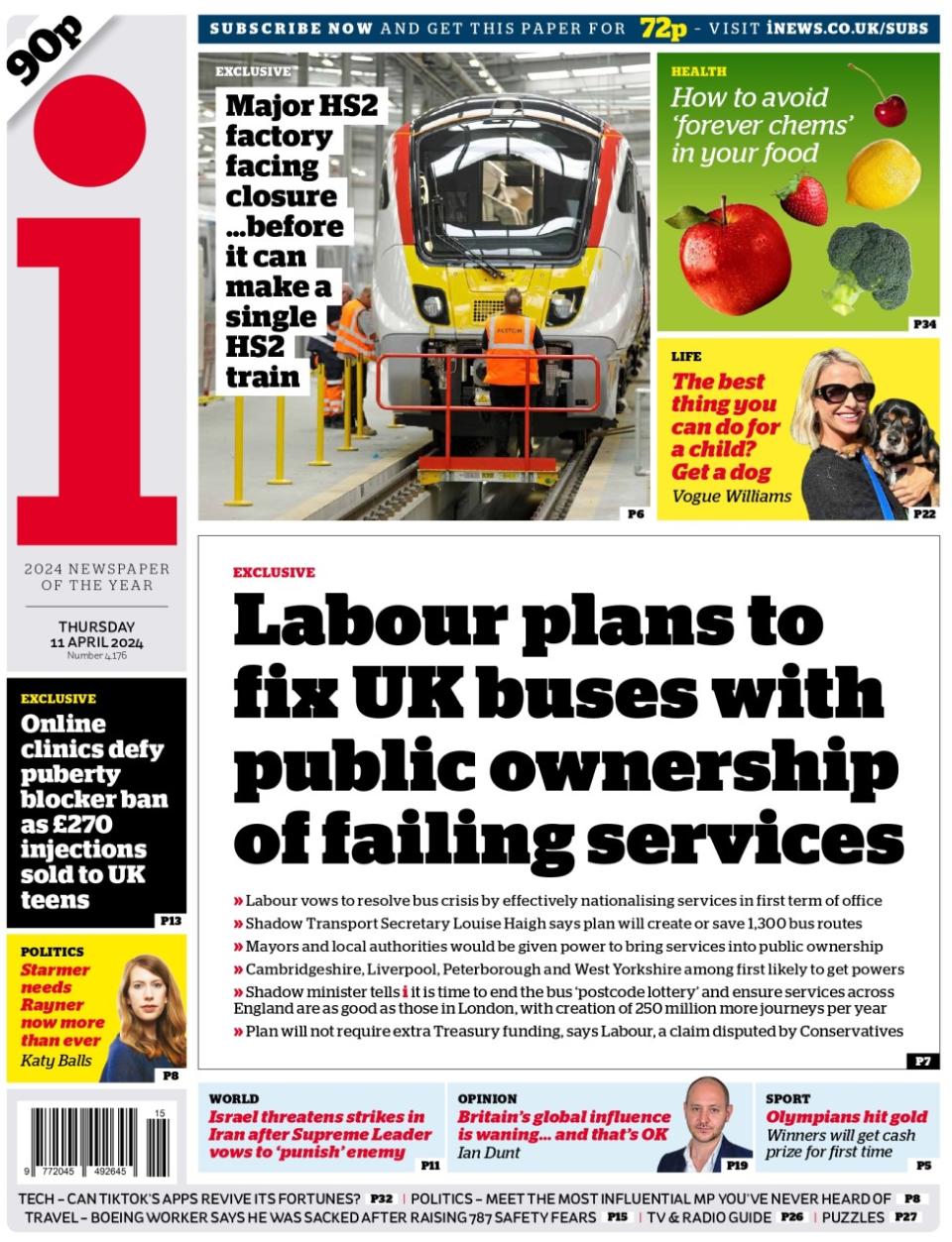 The headline in the i newspaper reads: Labour plans to fix UK buses with public ownership of failing services