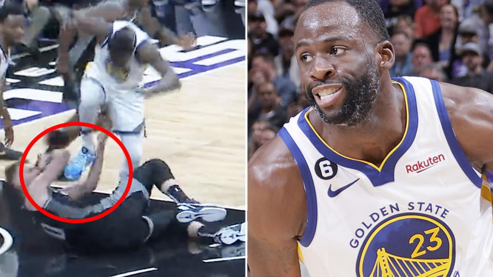 Draymond Green is seen stomping on Domantas Sabonis on the left.