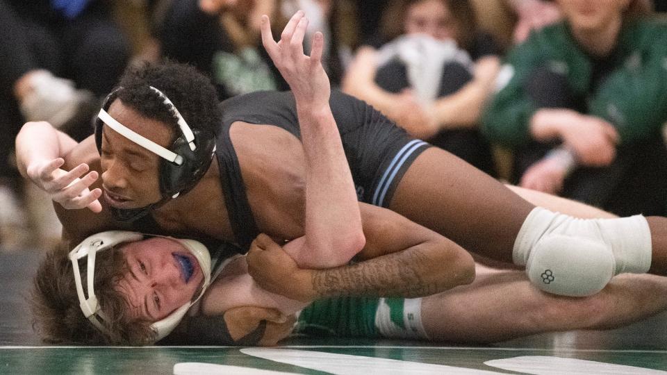 Lower Cape May's Jachere Harris controls West Deptford's Owen Entrekin during the 132 lb. bout of the South Jersey Group 2 sectional final held at West Deptford High School on Wednesday, February 7, 2024. Harris defeated Entrekin, 17-10.